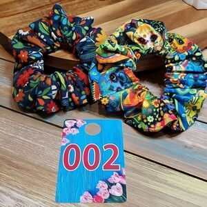 #2 Watercolor Cats & BoHo Navy Floral Scrunchies Adult Handmade
